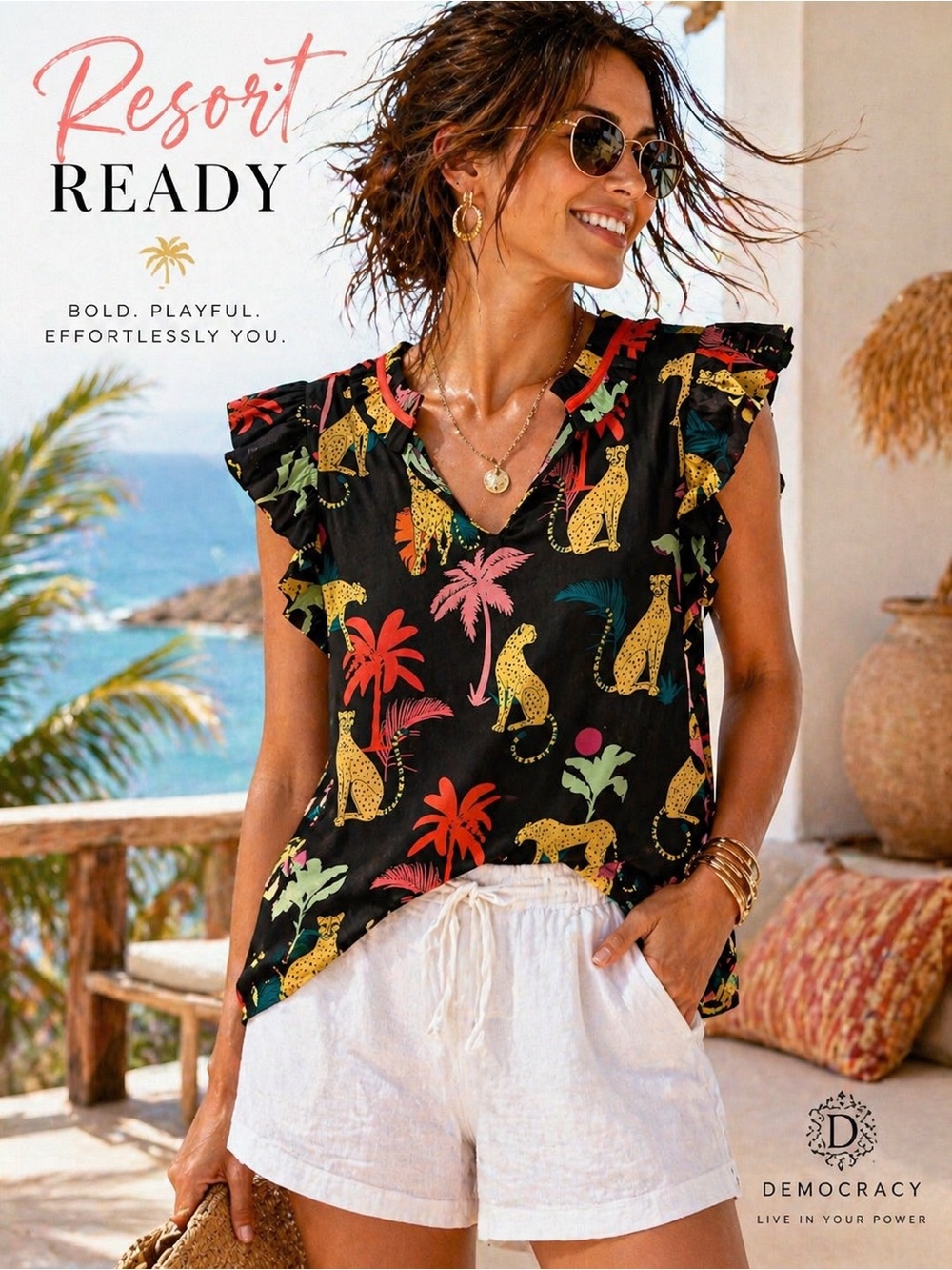 Resort Cheetah Print Blouse Ruffle Sleeve Tropical Vacation Top Small